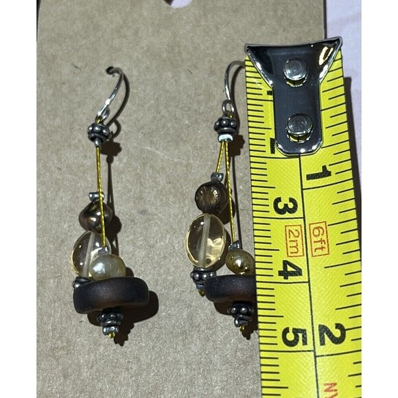 Recycled Sea Glass & Fresh Water Pearl Danglers Yellow & Brown Silver Plated - Picture 3 of 5